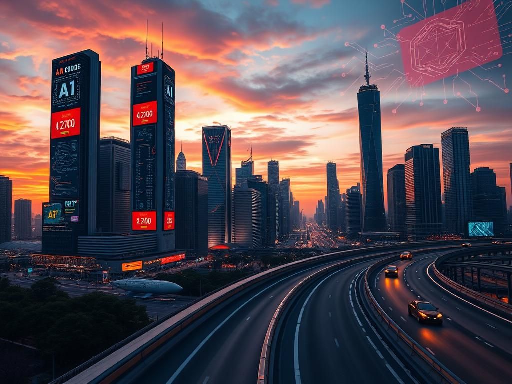 Flick International Futuristic city skyline at dusk with advanced technology and autonomous vehicles