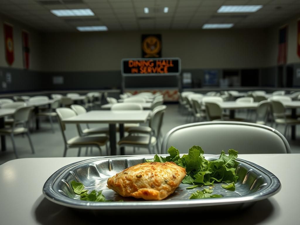 Flick International A dimly lit military dining hall with empty tables and a half-empty tray containing wilted salad and overcooked chicken