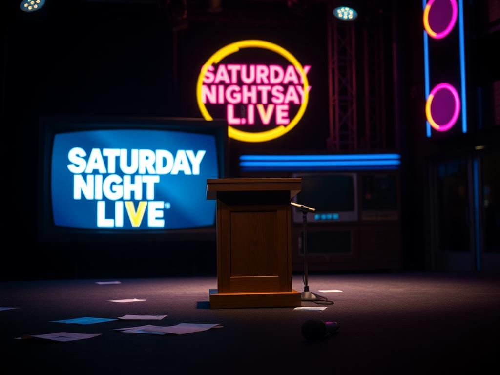 Flick International Dramatic night scene in front of a vintage television studio with neon lights and an empty podium.