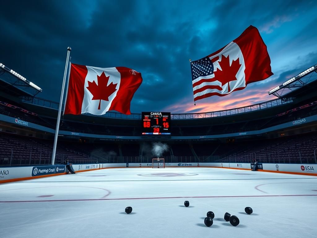 Flick International A dramatic ice hockey rink at dusk with a large Canadian flag and a smaller American flag waving in the cold breeze