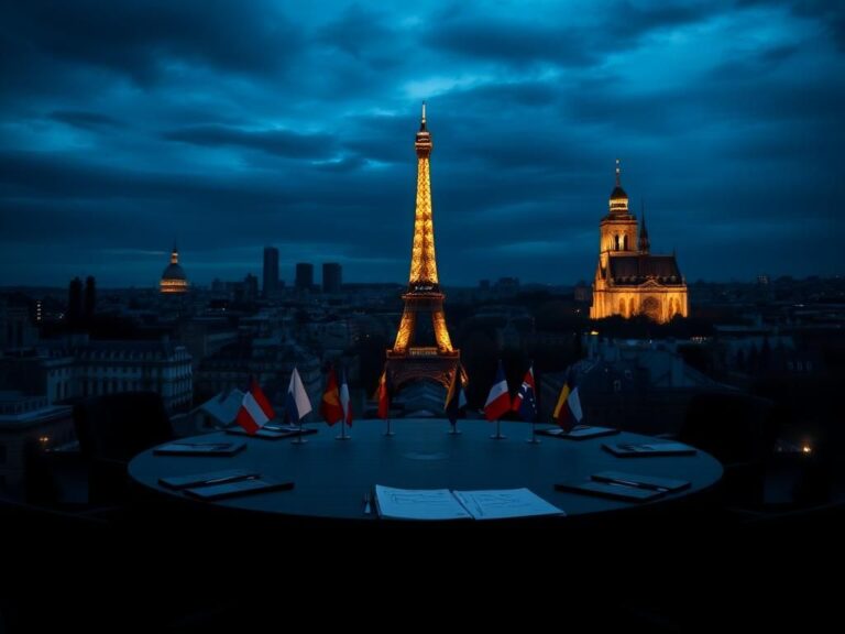 Flick International Dramatic skyline of Paris at dusk with iconic landmarks and a round table set for emergency meeting