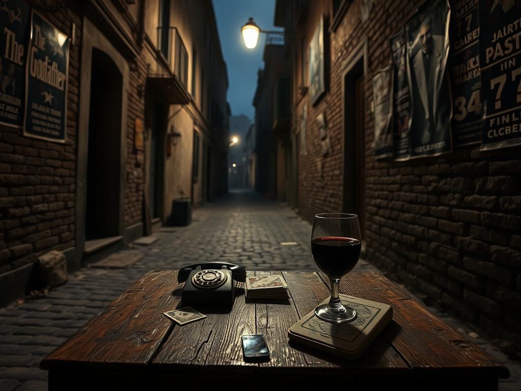 Flick International Weathered wooden table with vintage items in a dimly lit Sicilian alley.