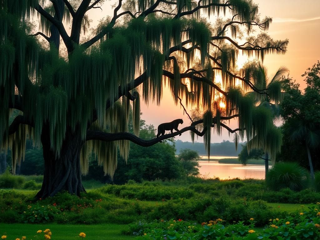 Flick International A Florida panther gracefully positioned among oak branches in the Everglades at dawn