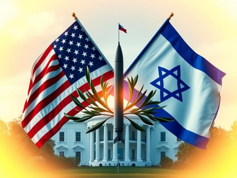 Flick International Diplomatic meeting illustration featuring American and Israeli flags with olive branch and military elements