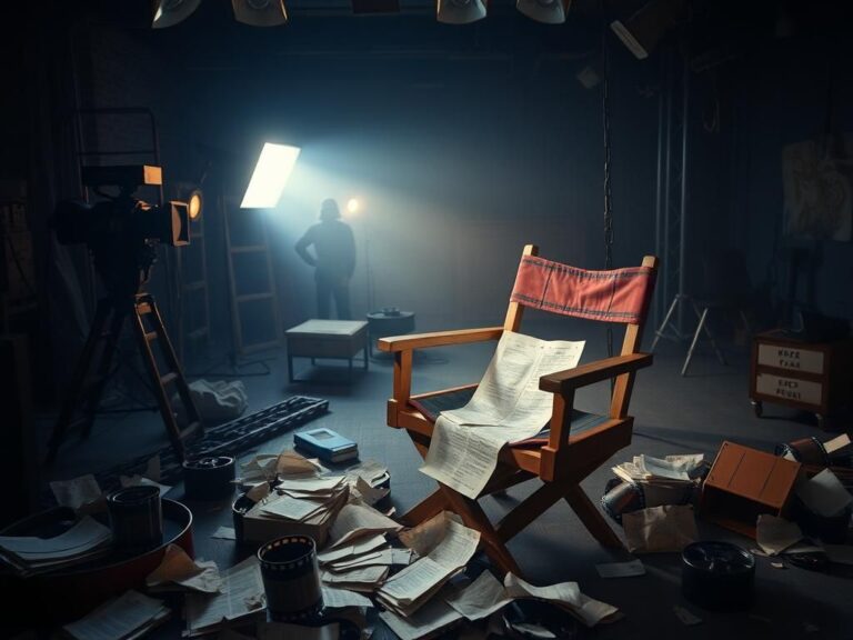 Flick International Dimly lit film set with a director's chair and scattered script pages symbolizing tension