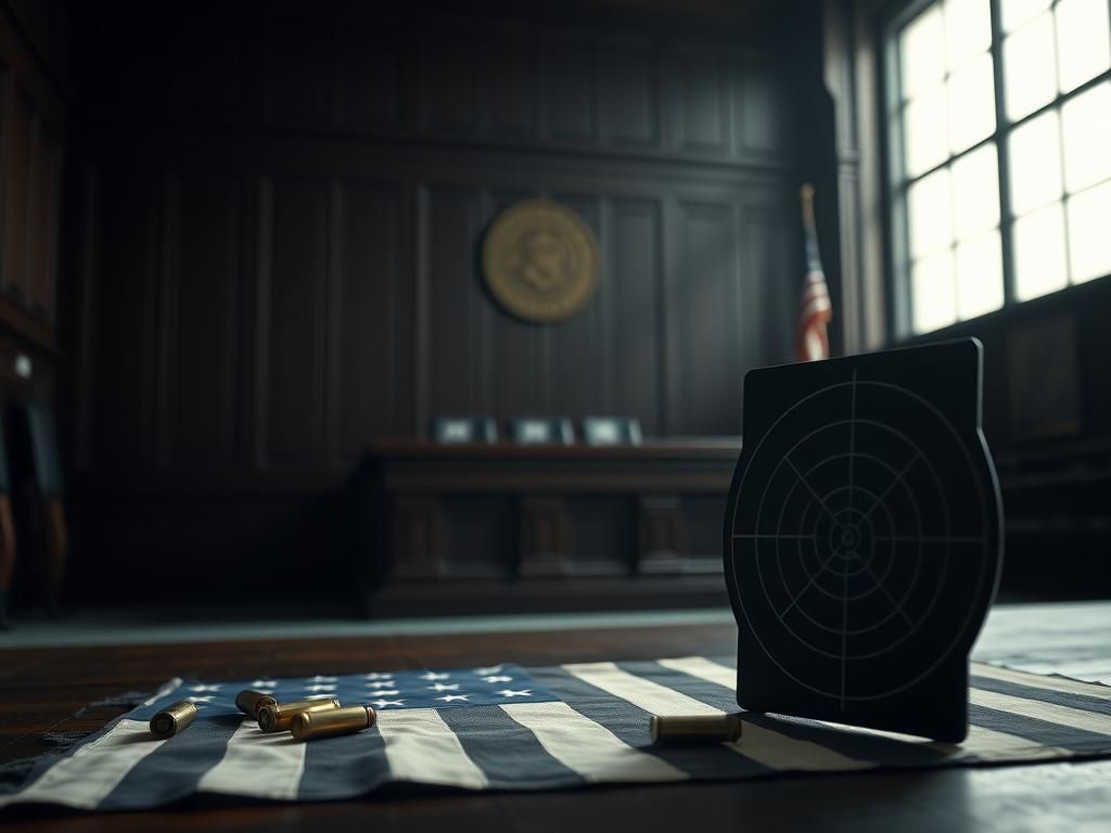 Flick International Dimly lit courtroom with empty witness stand and a gavel symbolizing justice