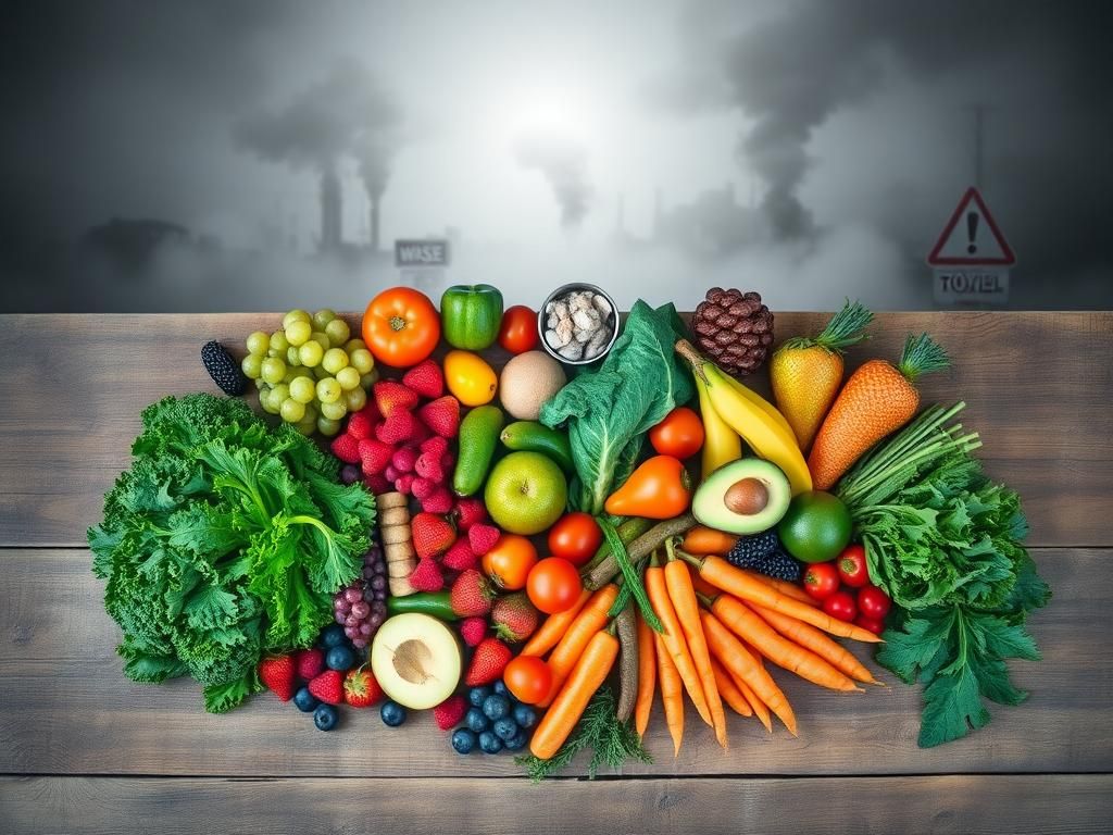 Flick International Overhead view of vibrant fruits and vegetables on a rustic table contrasted with a polluted background