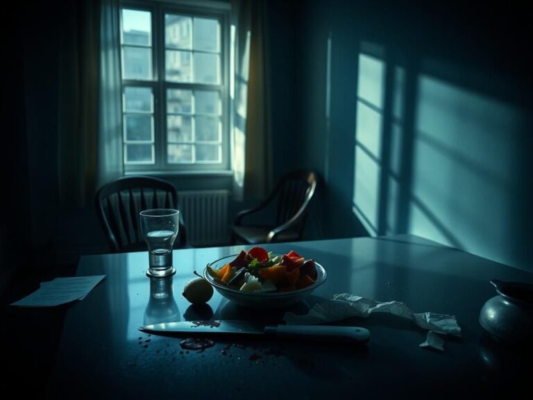 Flick International Dimly lit kitchen scene in Philadelphia with a bloodstained knife and broken glass