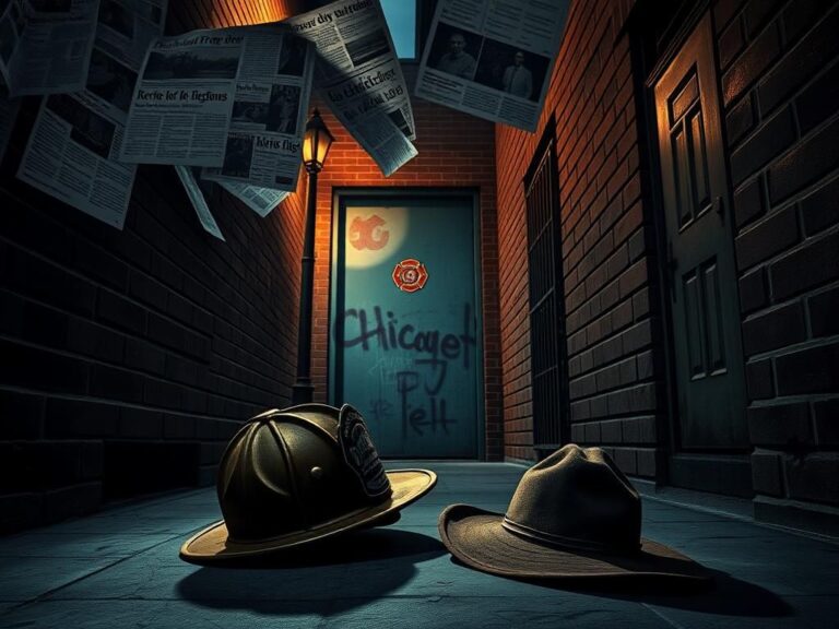 Flick International Dimly lit Chicago alleyway with firefighter's helmet and mobster's fedora