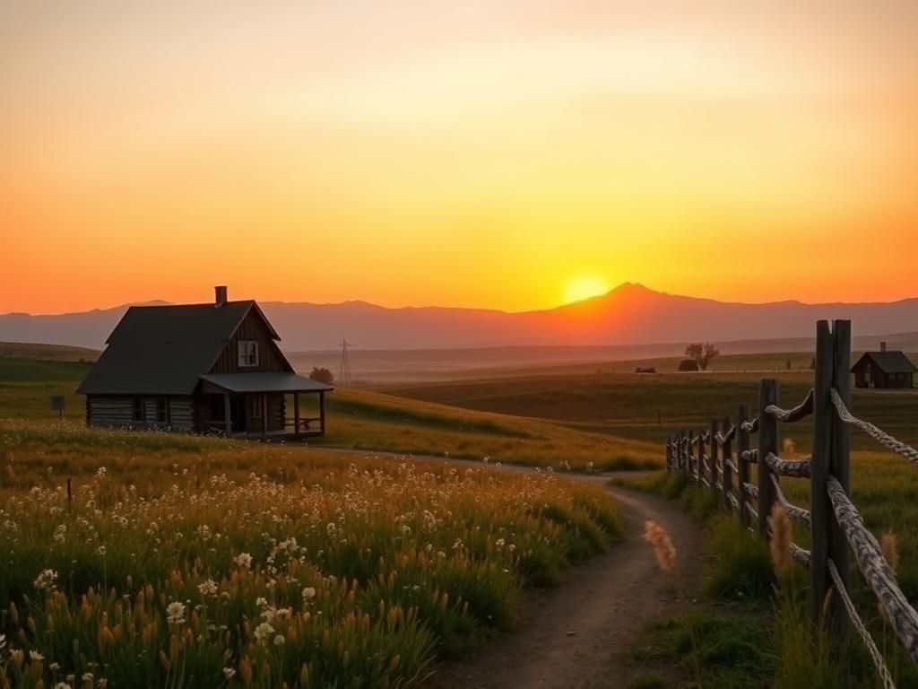 Flick International A serene landscape of the American frontier, featuring a rustic farmhouse and wildflowers under a golden sunset.