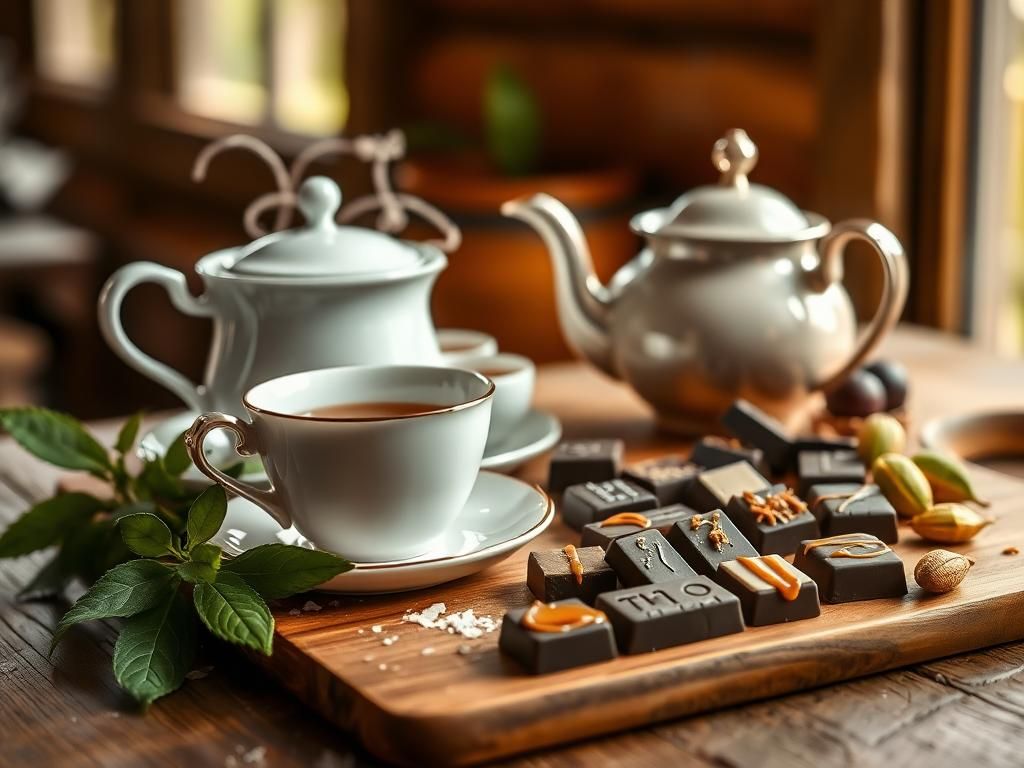 Flick International A beautifully arranged tea set with chocolates on a rustic wooden table