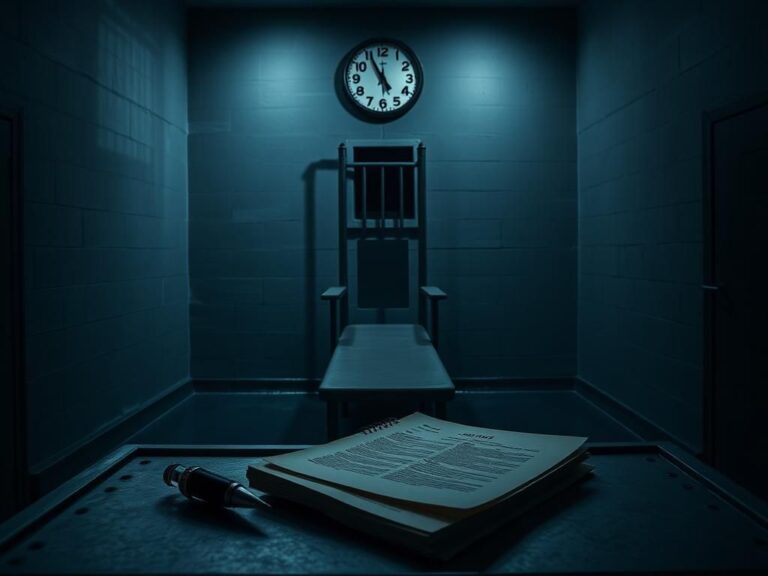 Flick International Dimly lit execution chamber with an electric chair and gurney, evoking a somber atmosphere.