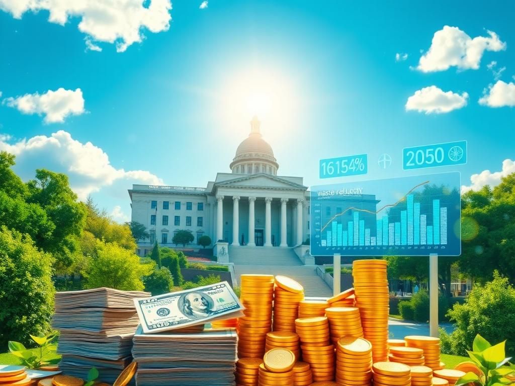 Flick International Modern government building surrounded by greenery with cash and coins in the foreground