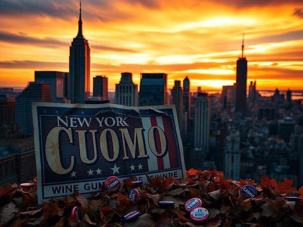 Flick International Dramatic New York City skyline at sunset with Cuomo campaign poster