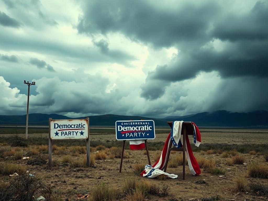 Flick International Desolate landscape symbolizing a political wilderness with a cracked Democratic Party logo.