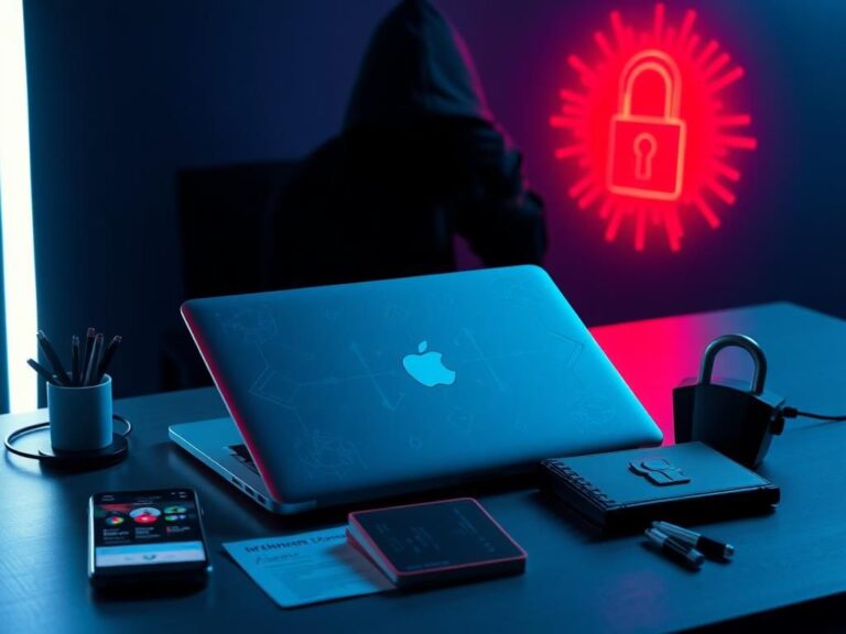 Flick International A closed MacBook on a modern desk surrounded by digital security elements