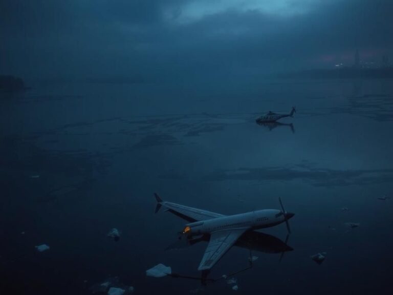 Flick International Aerial view of the Potomac River at dusk with a submerged airplane fuselage and helicopter silhouette