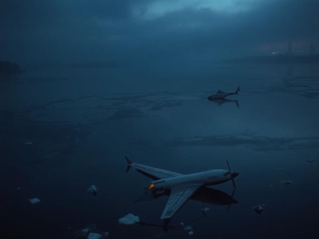 Flick International Aerial view of the Potomac River at dusk with a submerged airplane fuselage and helicopter silhouette