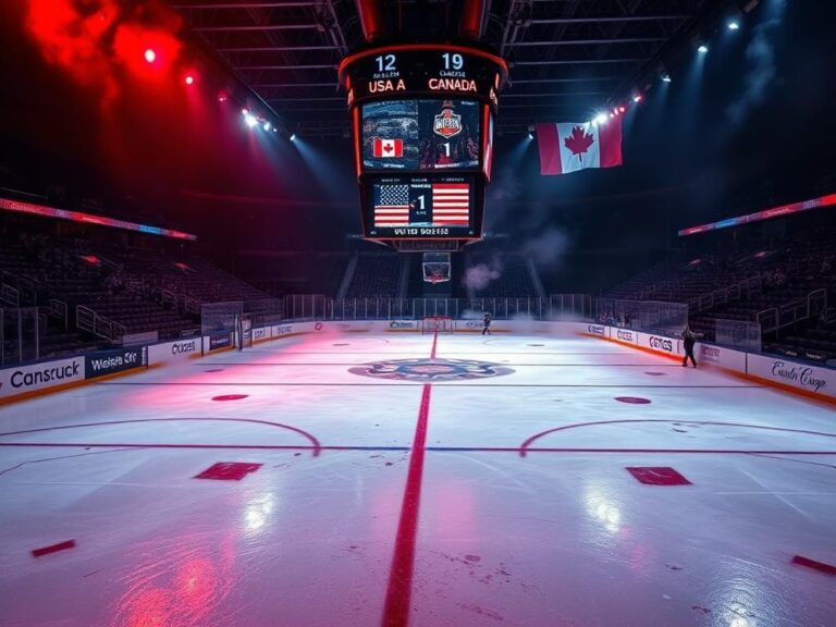 Flick International Intense hockey game scene with USA and Canada flags