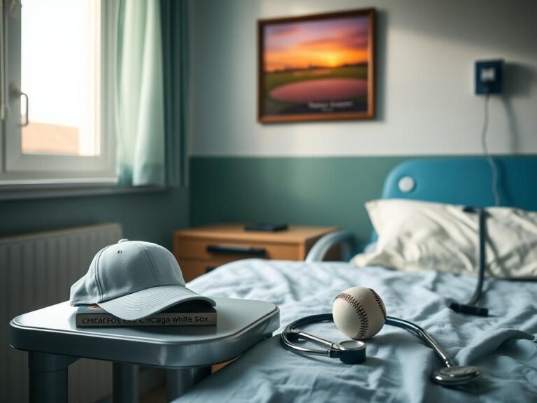 Flick International A serene hospital room in Portugal with a baseball cap and motivational books symbolizing Bobby Jenks' legacy