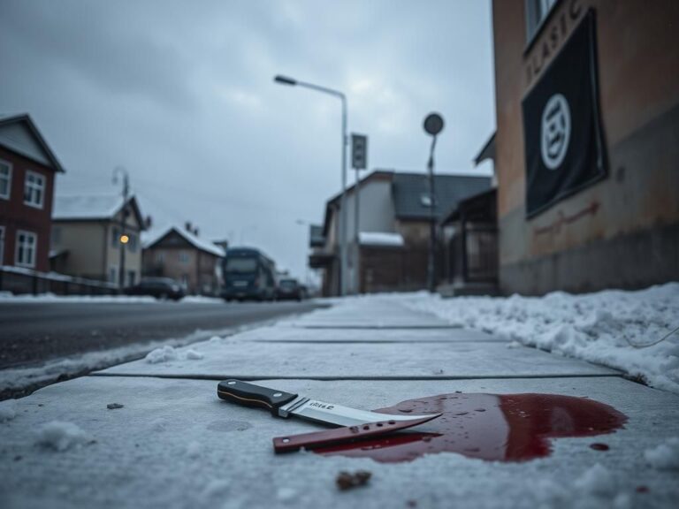 Flick International Bloodstained sidewalk in Villach, Austria, after stabbing attack