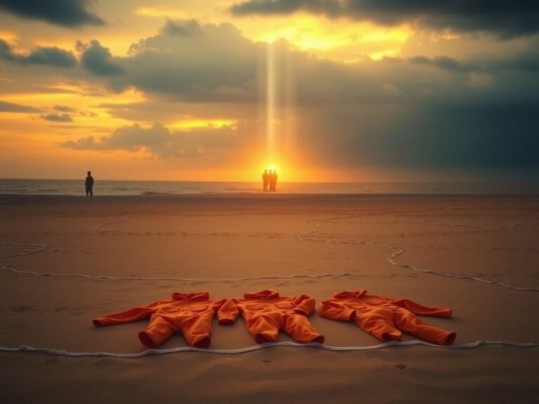 Flick International A serene landscape at sunset with empty orange jumpsuits on the beach symbolizing Coptic martyrs