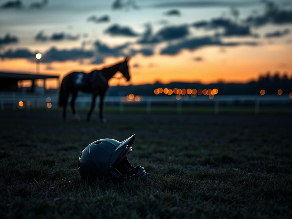 Flick International An empty racetrack at dusk with a jockey's helmet in the foreground