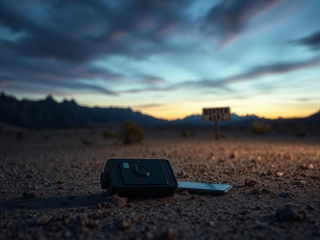 Flick International Body camera abandoned in a deserted border landscape with rugged mountains in the background