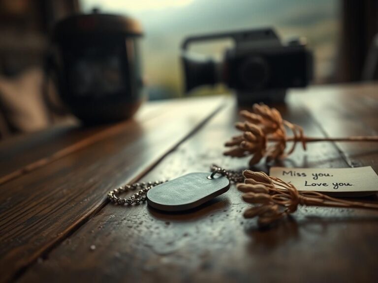 Flick International Close-up of a military dog tag on a wooden table illuminated by warm light