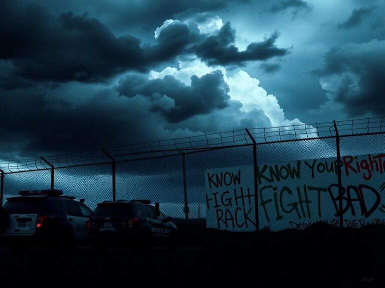 Flick International A large, barbed wire fence under a stormy sky representing immigration enforcement challenges