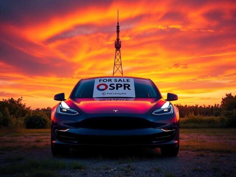 Flick International Colorful Tesla car for sale with NPR radio tower in the background