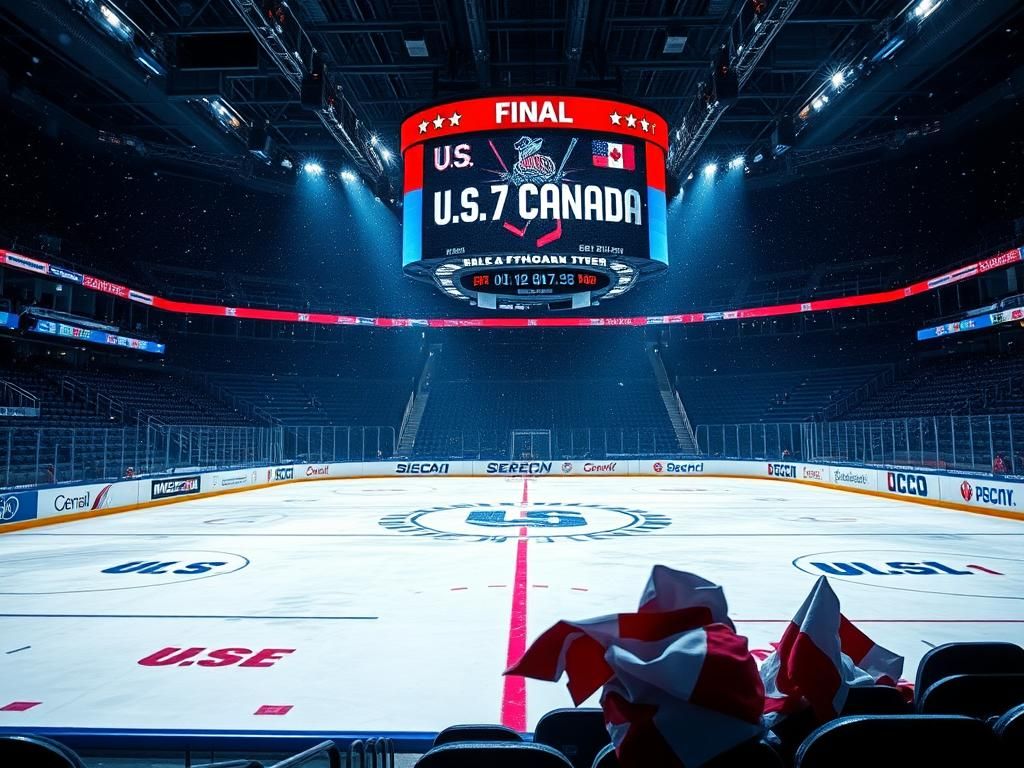 Flick International Dramatic hockey rink scene with U.S. and Canadian team markings under arena lights