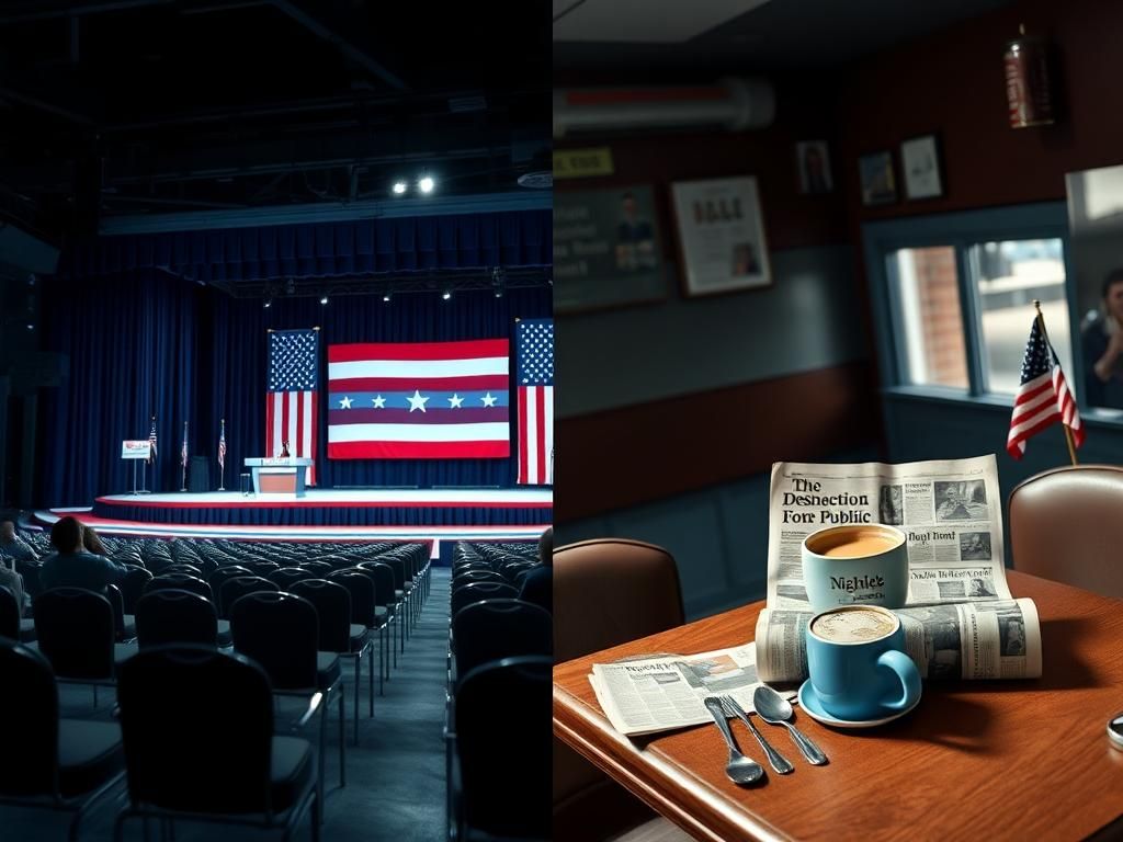 Flick International A split image showing a political rally stage on the left and a local diner on the right, illustrating political division and disconnection.