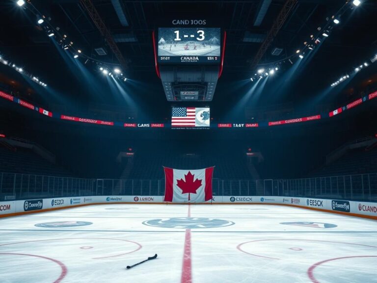 Flick International A dramatic ice hockey rink with a Canadian flag and scattered hockey gear on the ice