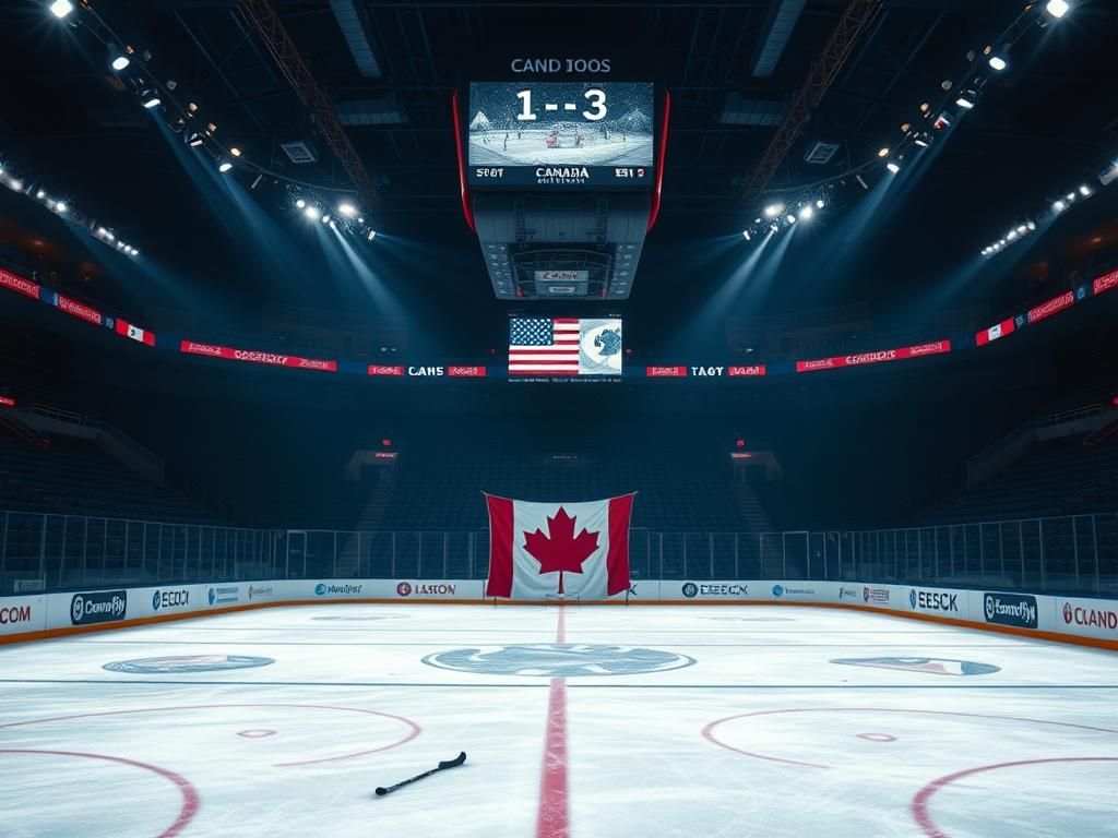 Flick International A dramatic ice hockey rink with a Canadian flag and scattered hockey gear on the ice