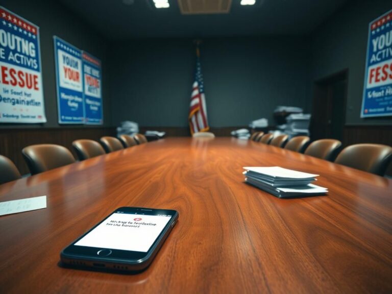 Flick International Empty conference room featuring a large wooden table and campaign posters for the Democratic Party