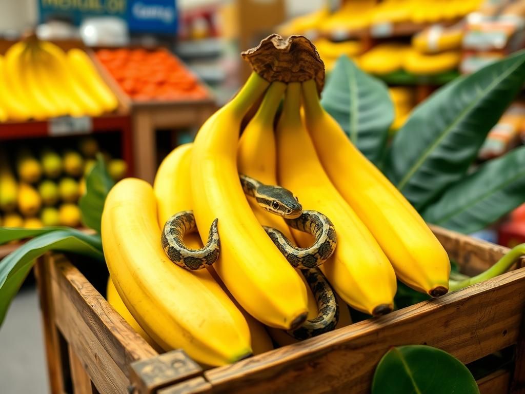 Flick International Close-up of a banana bunch featuring a coiled ornate cat-eyed snake among the fruit