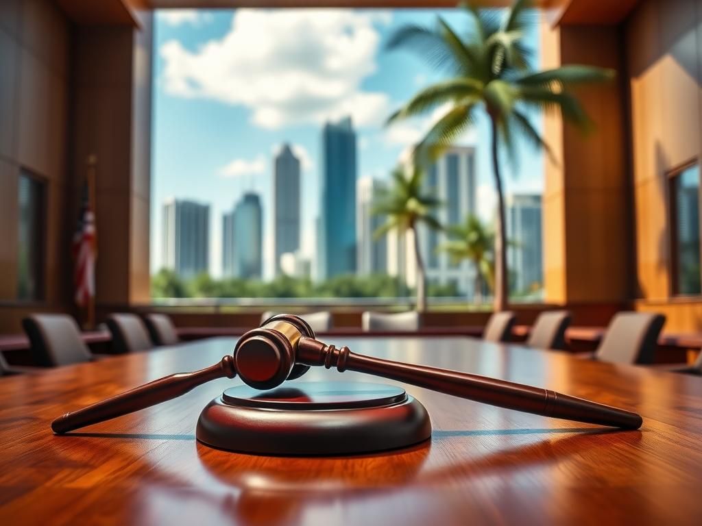 Flick International A modern courtroom in Miami, Florida with a gavel on a wooden table