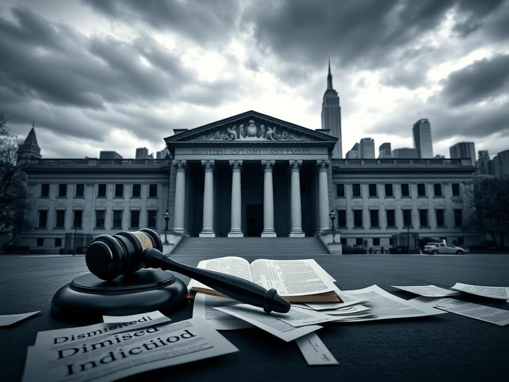 Flick International Dramatic scene of the Southern District of New York courthouse with a gavel and law book