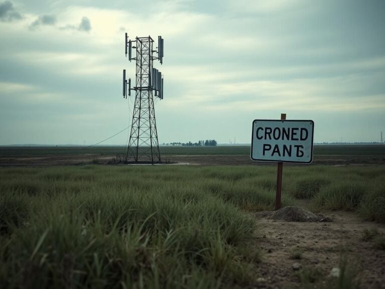 Flick International Partially constructed broadband communication tower in a desolate rural landscape