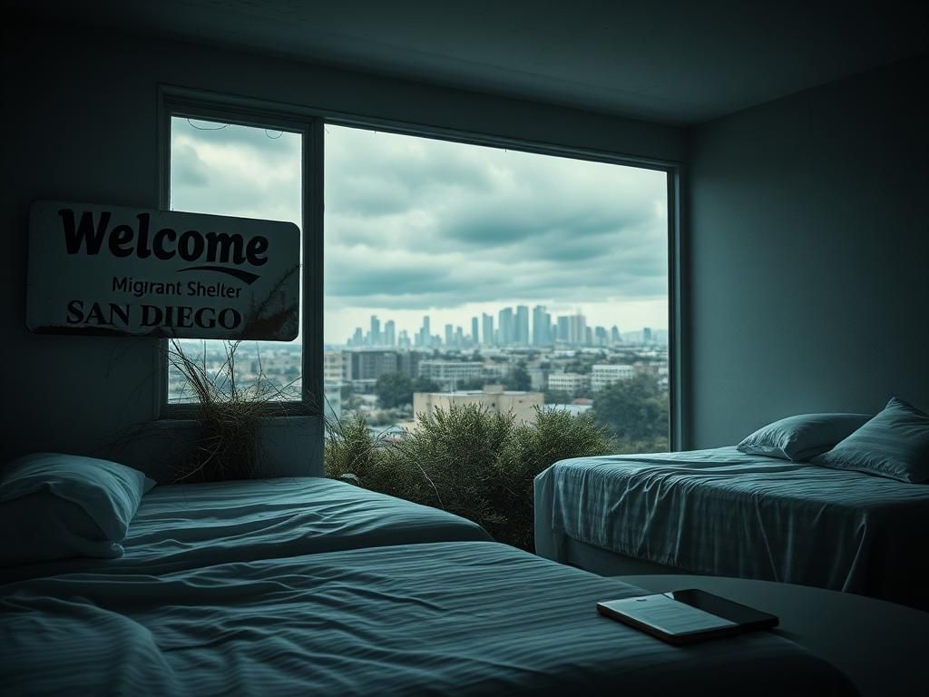 Flick International Abandoned migrant shelter in San Diego with empty beds and a weathered welcome sign