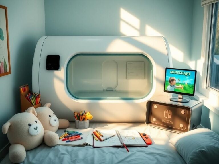 Flick International A softly-lit room featuring a hyperbaric oxygen chamber surrounded by a child's art station and plush toys.