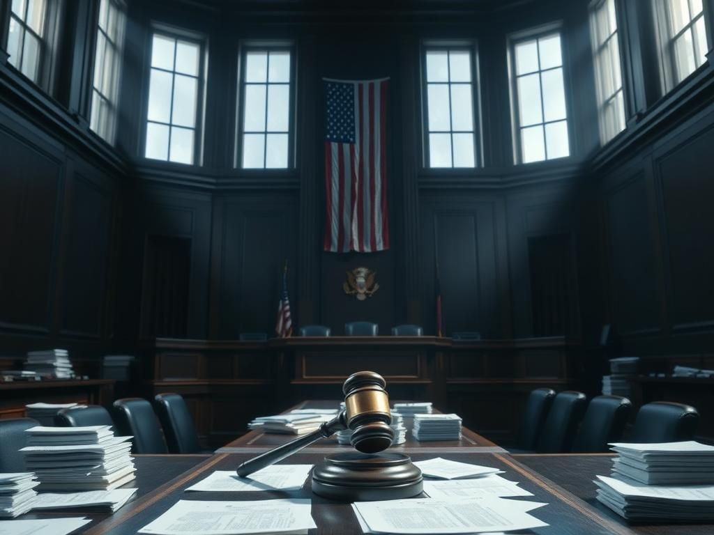 Flick International Dark courtroom setting symbolizing legal battle