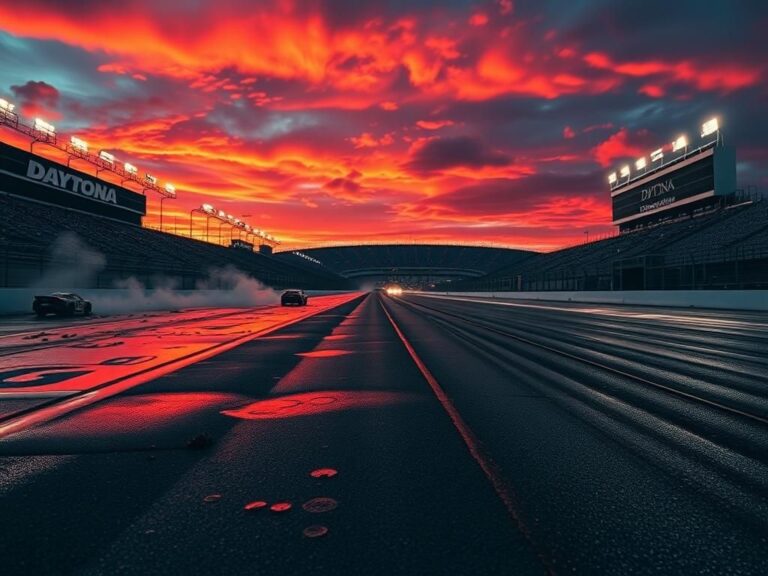 Flick International High-speed scene of Daytona International Speedway with colorful sunset