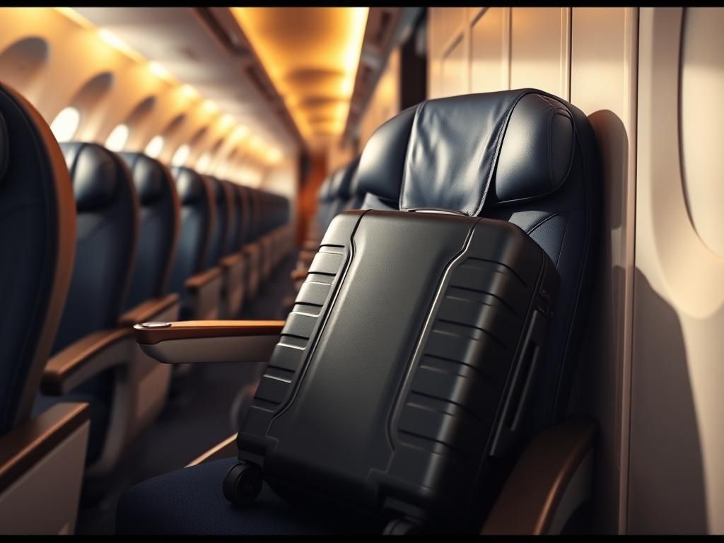 Flick International Black hard shell suitcase buckled into a first-class airplane seat