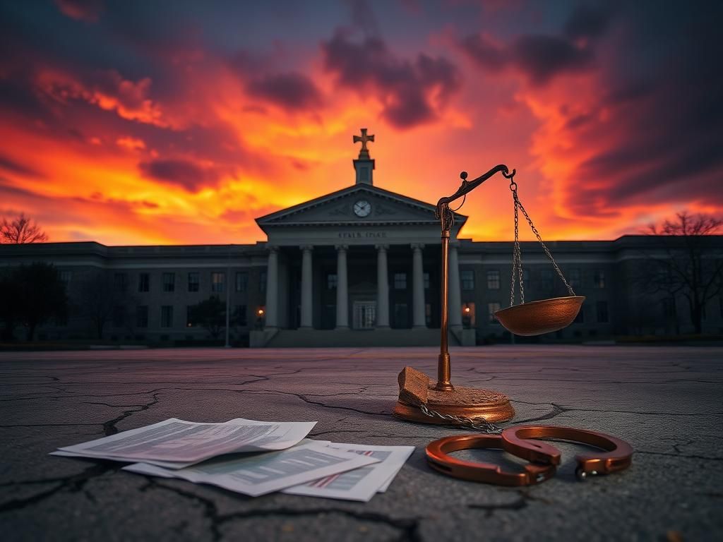 Flick International Dramatic courthouse scene at dusk with a scale of justice on cracked pavement