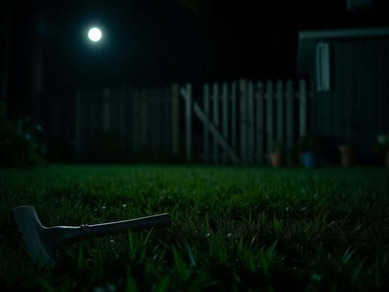 Flick International An abandoned garden hoe on grass at night in a Florida residential area