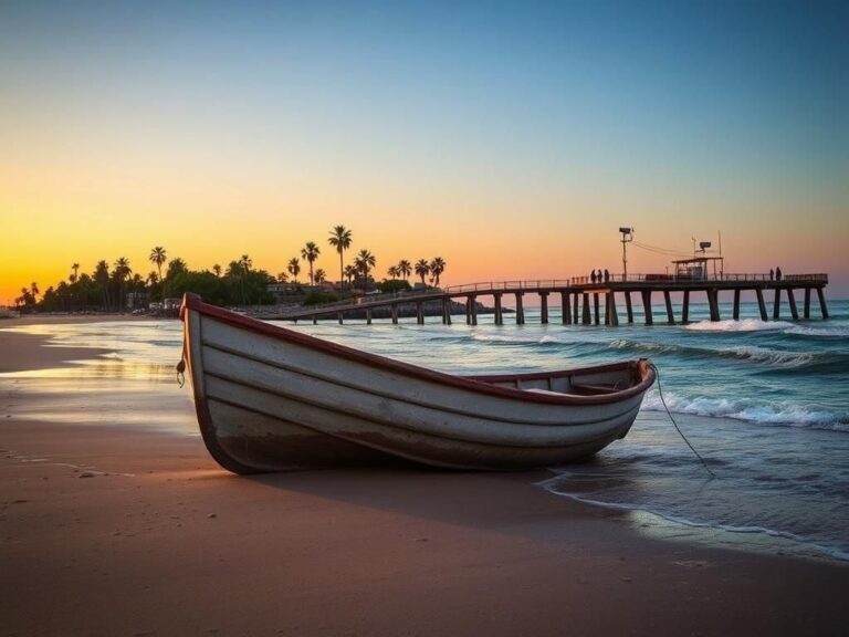 Flick International Abandoned small fishing boat on serene California beach at sunset