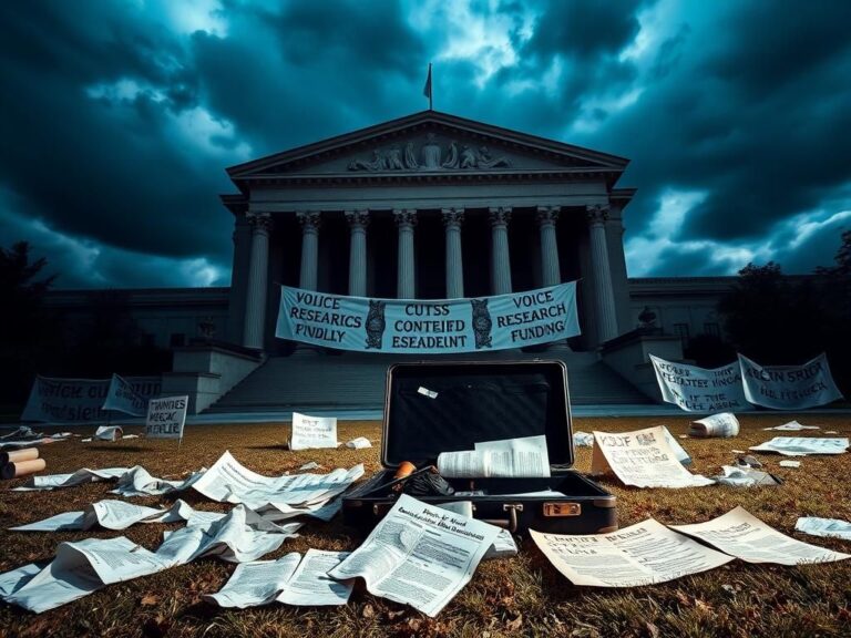 Flick International Empty government building facade with protest signs and banners on the ground