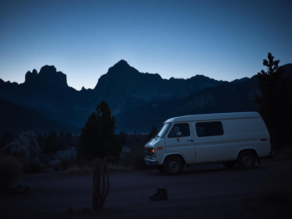 Flick International A serene Wyoming wilderness scene at dusk with a vintage white Ford Transit van and discarded hiking boots indicating a sudden departure.